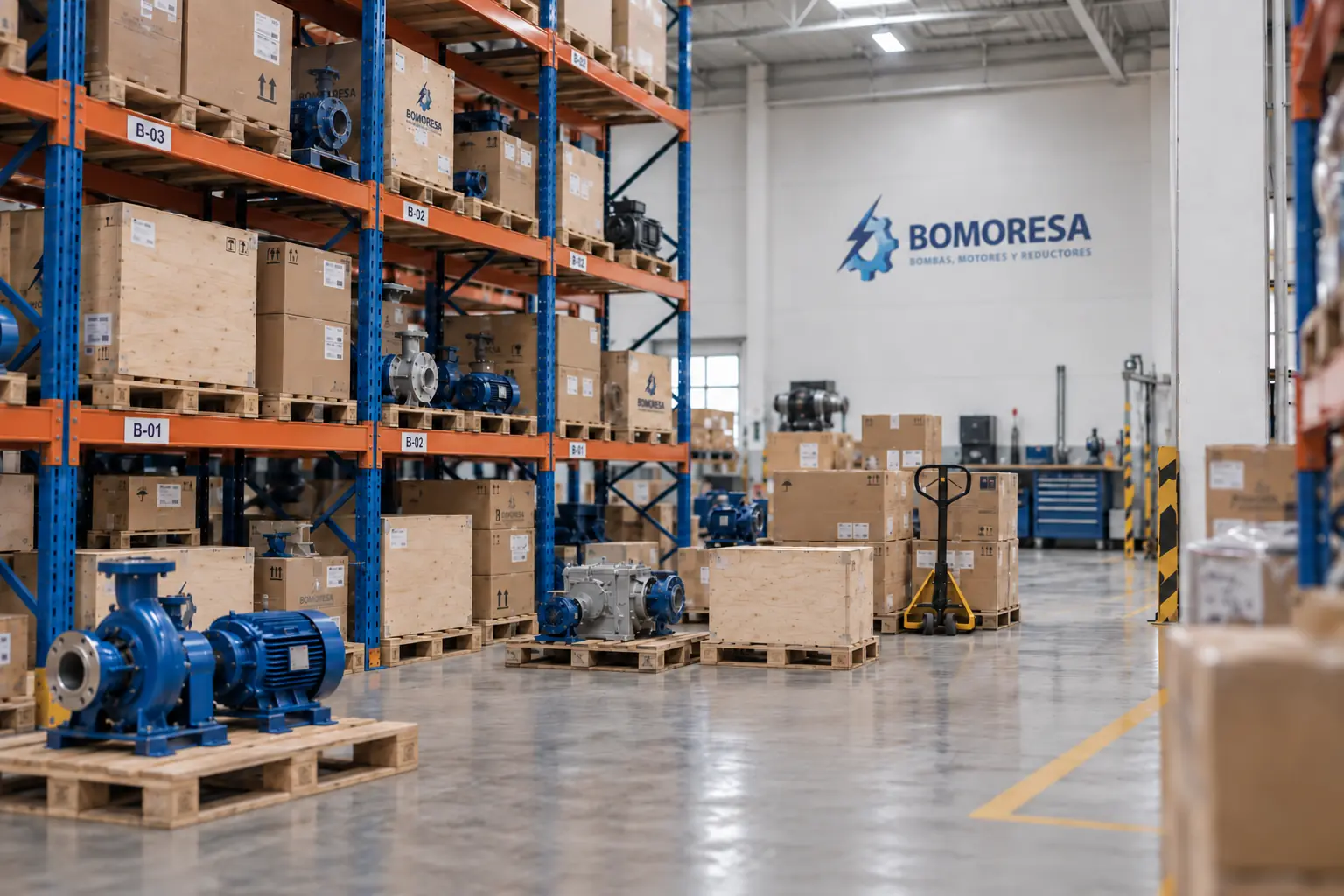 Almacén de BOMORESA en Guadalajara: bombas centrífugas, motorreductores y equipo industrial en existencia sobre racks
