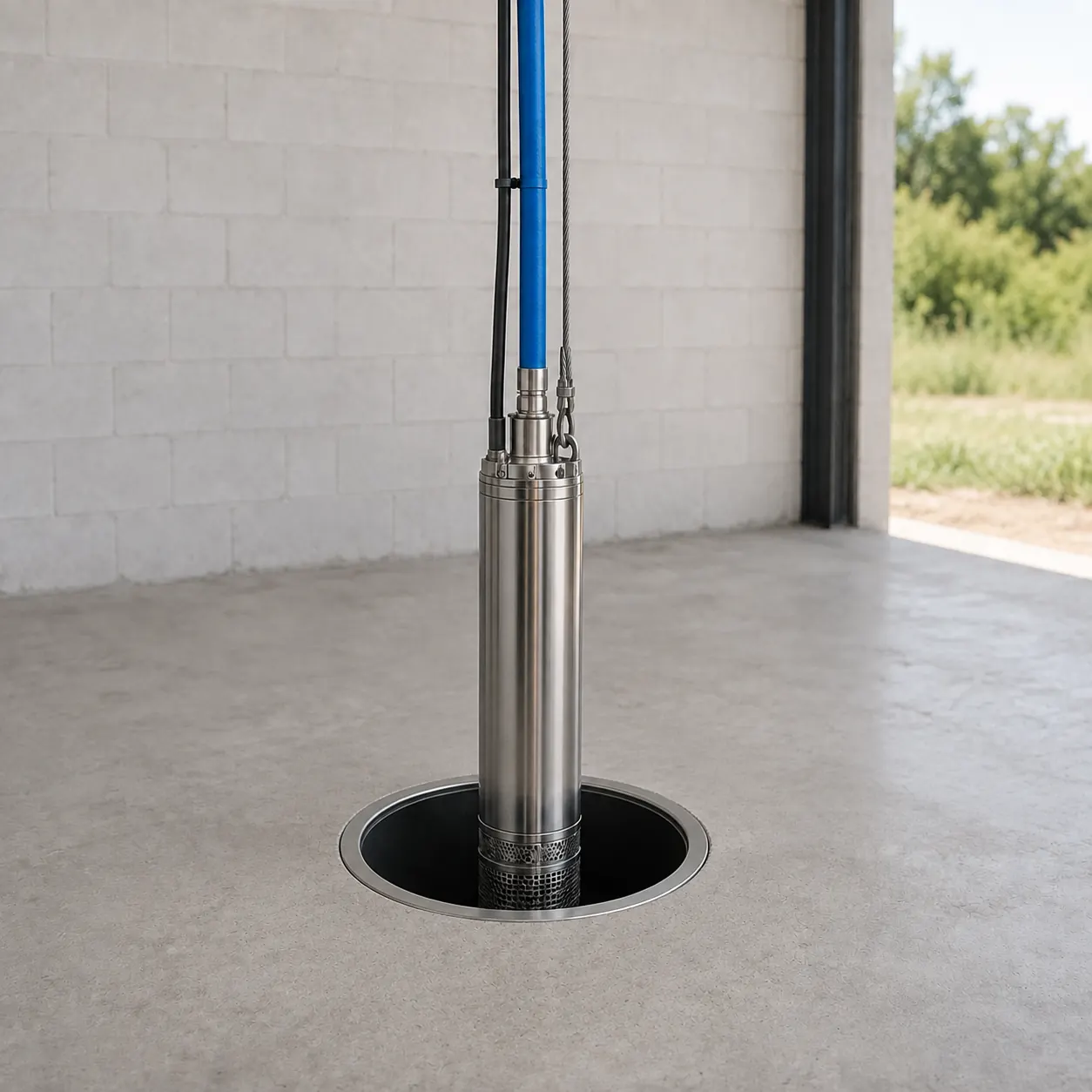 Bomba sumergible instalada dentro de un pozo