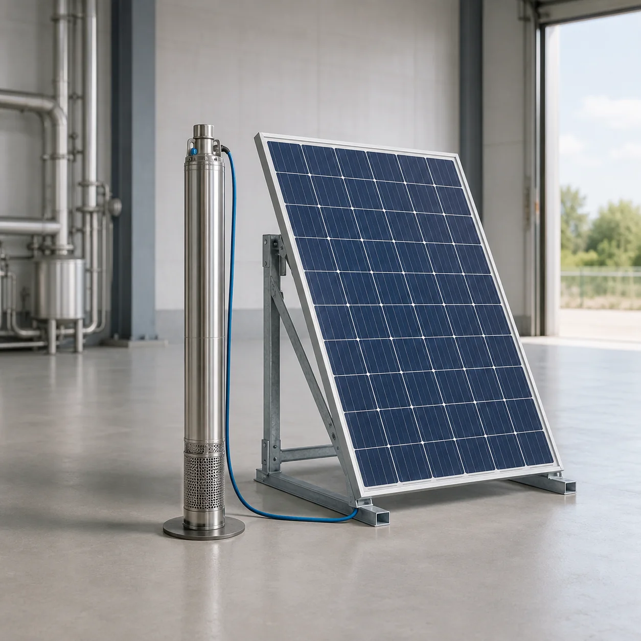 Bomba solar sumergible junto a un panel fotovoltaico